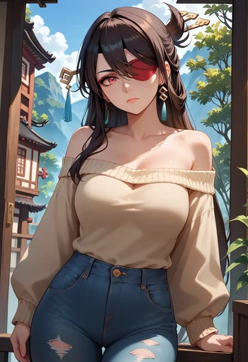 genshin impact,beidou_(genshin_impact),sweater,off-shoulder,ripped jeans  - AI generated anime art