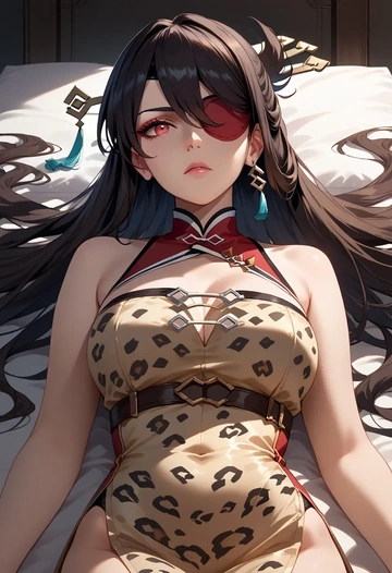 genshin impact,beidou_(genshin_impact),leopard print,silk slip dress  - AI generated anime art