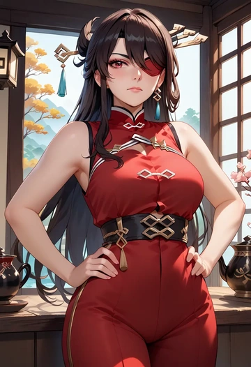 genshin impact,beidou_(genshin_impact),jumpsuit,sleeveless,flare pants  - AI generated anime art