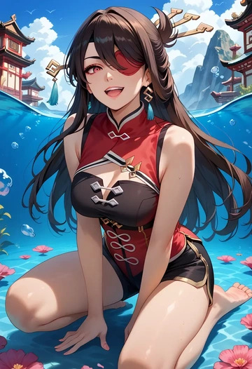 genshin impact,beidou_(genshin_impact),sleeveless swim top,shorts-style bottom,contrast stitching  - AI generated anime art