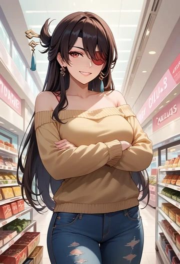 genshin impact,beidou_(genshin_impact),sweater,off-shoulder,ripped jeans  - AI generated anime art