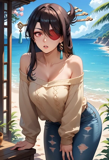 genshin impact,beidou_(genshin_impact),sweater,off-shoulder,ripped jeans  - AI generated anime art