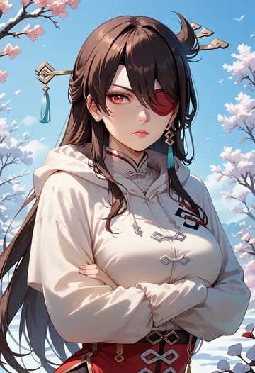 genshin impact,beidou_(genshin_impact),crop hoodie,shorts  - AI generated anime art