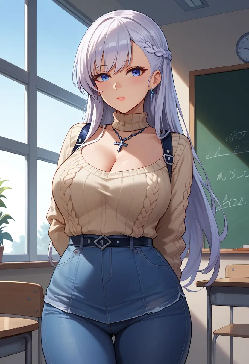 azur_lane,belfast_(azur_lane),teacher, sweater, jeans shorts  - 