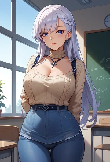 azur_lane,belfast_(azur_lane),teacher, sweater, jeans shorts  - AI generated anime art