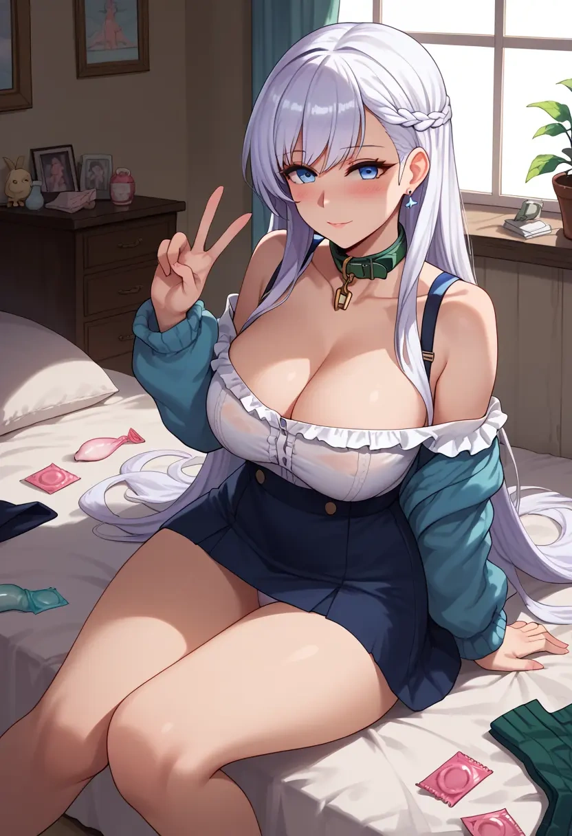 azur_lane,belfast_(azur_lane),blushing,collar, peace sign, condom,mini skirt,Thigh garters  - 