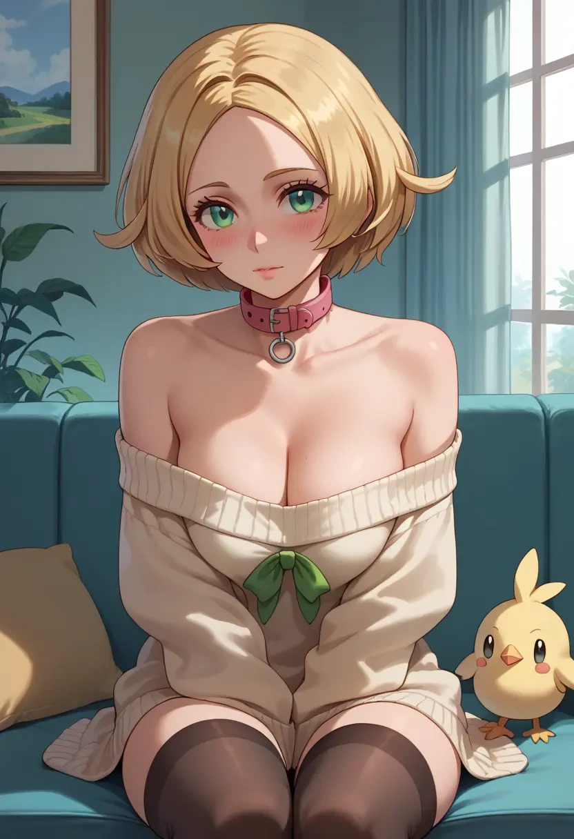 pokemon,bianca_(pokemon),blushing,collar,off-shoulder,sweater,stockings  - 