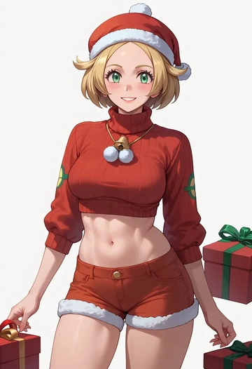 pokemon,bianca_(pokemon),Christmas,red velvet shorts,turtleneck sweater  - AI generated anime art