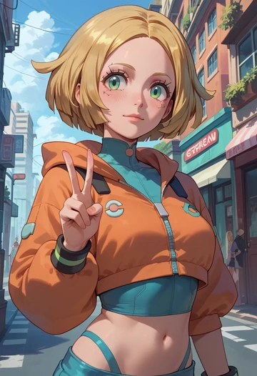 pokemon,bianca_(pokemon),crop hoodie,shorts  - AI generated anime art