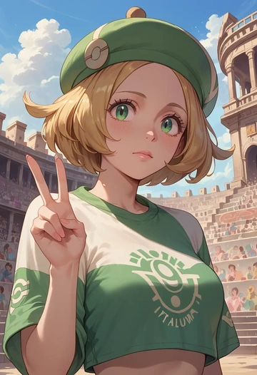 pokemon,bianca_(pokemon),cropped graffiti sweatshirt,dolphin shorts  - AI generated anime art