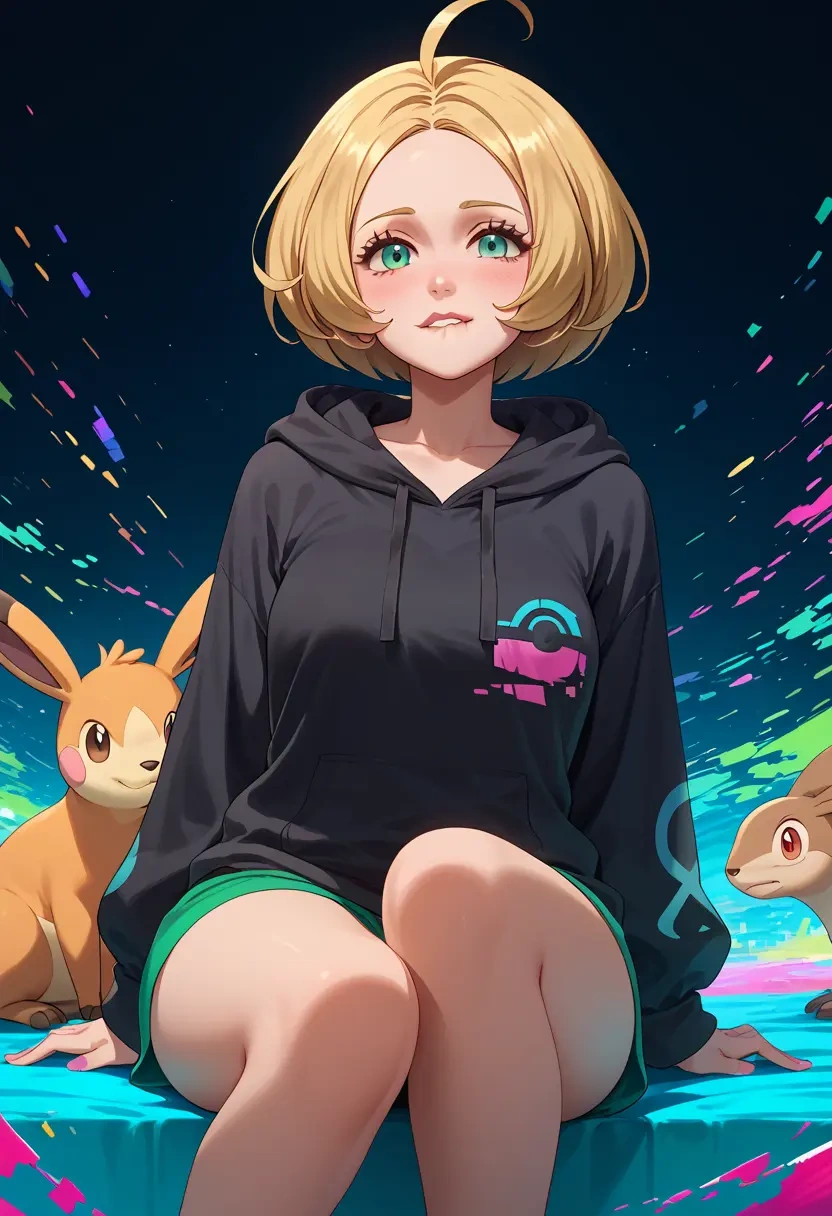 pokemon,bianca_(pokemon),oversized graphic hoodie,thigh-high socks,shorts  - 