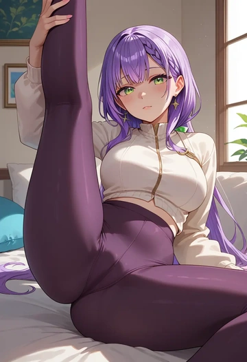 hololive,bibi_(tokoyami_towa),yoga, leggings,spread legs,one leg up,sexy  - AI generated anime art