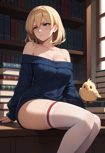 kantai_collection,bismarck_(kancolle),Pouting,off-shoulder,sweater,stockings  - AI generated anime art