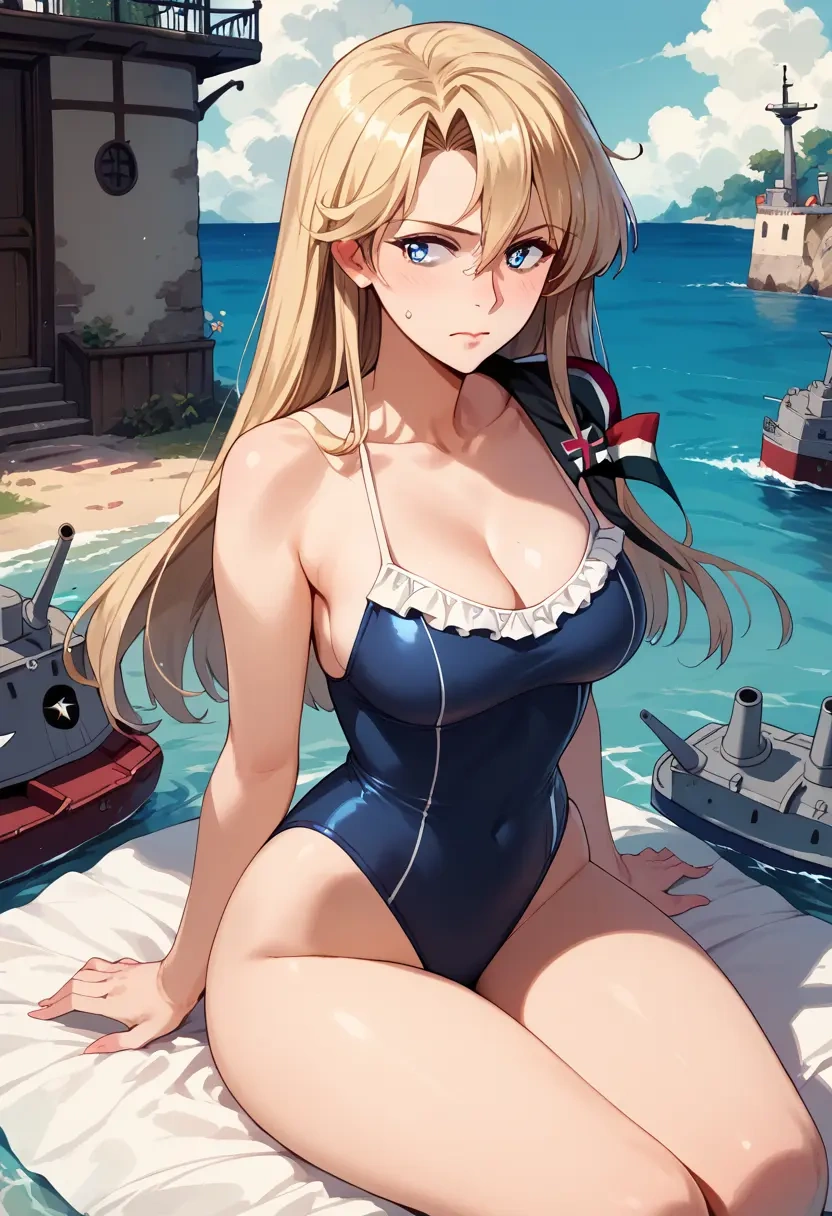 kantai_collection,bismarck_(kancolle),retro style swimsuit,frilled neckline,bow detail  - 