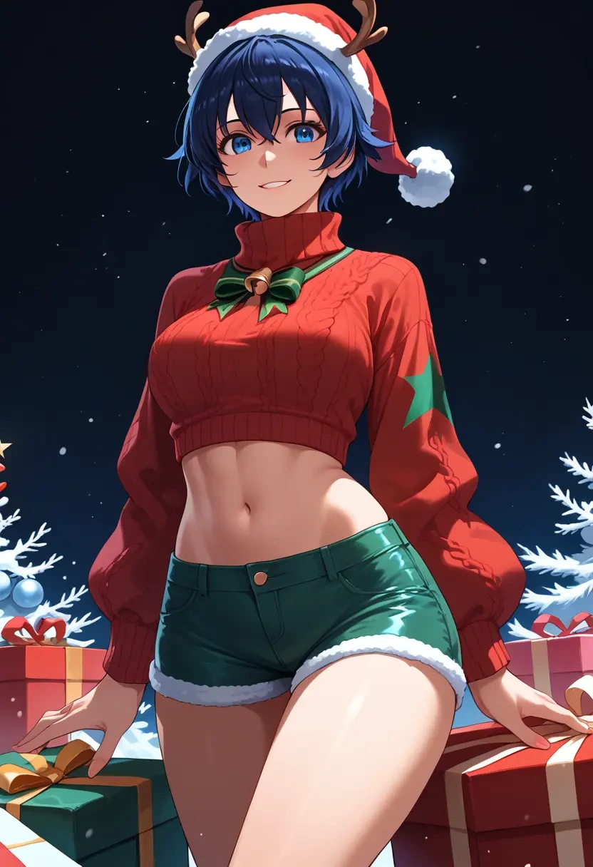 black_rock_shooter,black_rock_shooter_(character),Christmas,red velvet shorts,turtleneck sweater  - 