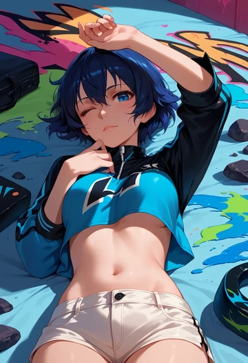 black_rock_shooter,black_rock_shooter_(character),cropped graffiti sweatshirt,dolphin shorts  - AI generated anime art