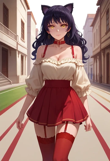 rwby,blake_belladonna,collar,oversized,Thigh garters  - AI generated anime art