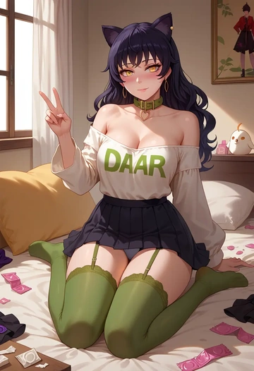 rwby,blake_belladonna,blushing,collar, peace sign, condom,mini skirt,Thigh garters  - AI generated anime art