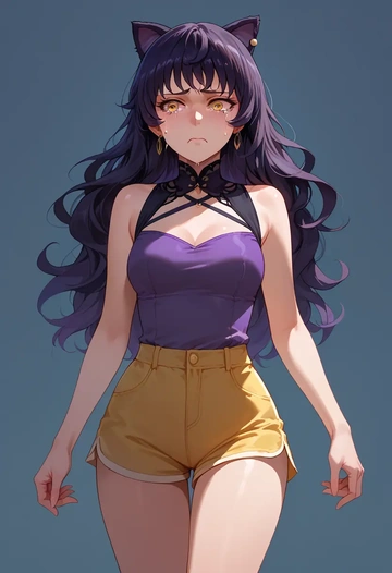 rwby,blake_belladonna,sleeveless swim top,shorts-style bottom,contrast stitching  - AI generated anime art