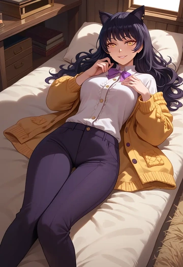 rwby,blake_belladonna,cardigan,oversized,wide-leg pants  - AI generated anime art