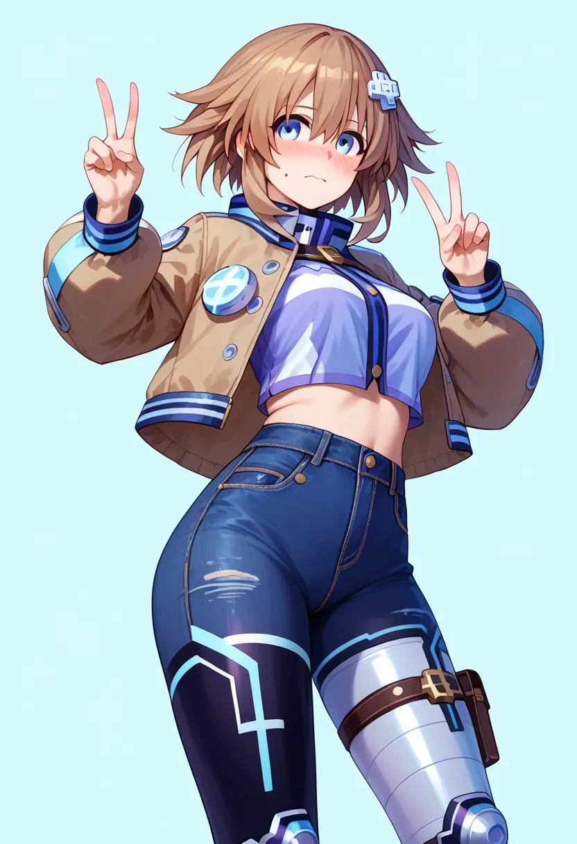 neptune_(series),blanc_(neptunia),denim jacket,cropped,leather leggings  - 