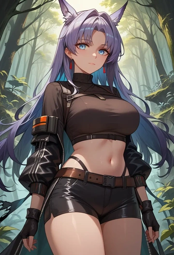 arknights,blaze_(arknights),leather,shorts,crop top  - AI generated anime art