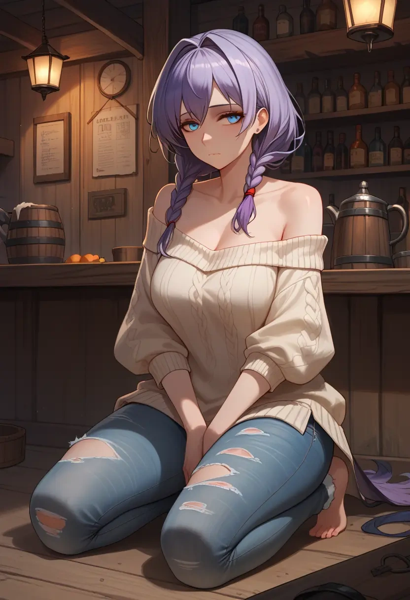 arknights,blaze_(arknights),sweater,off-shoulder,ripped jeans  - 