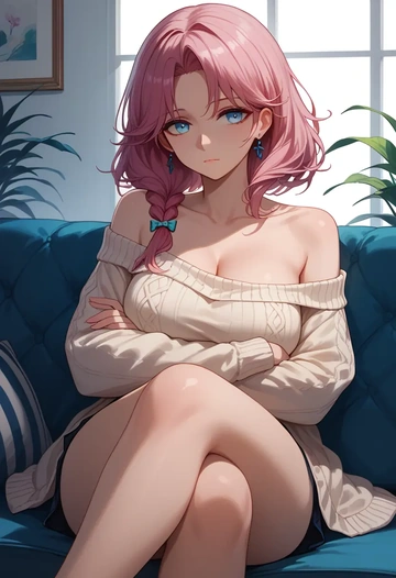 arknights,blue_poison_(arknights),arms crossed,off-shoulder,sweater,cross-legged  - AI generated anime art