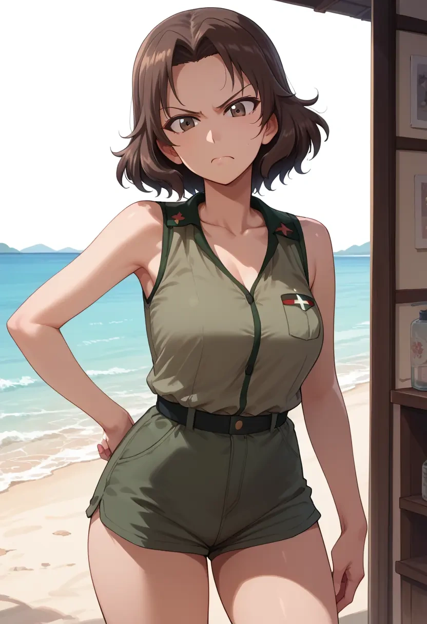 girls_und_panzer,boko_(girls_und_panzer),sleeveless swim top,shorts-style bottom,contrast stitching  - 