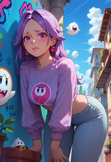 mario_(series),boo_(mario),cropped graffiti sweatshirt,dolphin shorts  - AI generated anime art