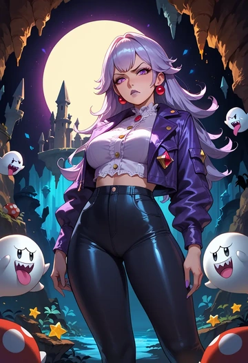 mario_(series),boo_(mario),denim jacket,cropped,leather leggings  - AI generated anime art