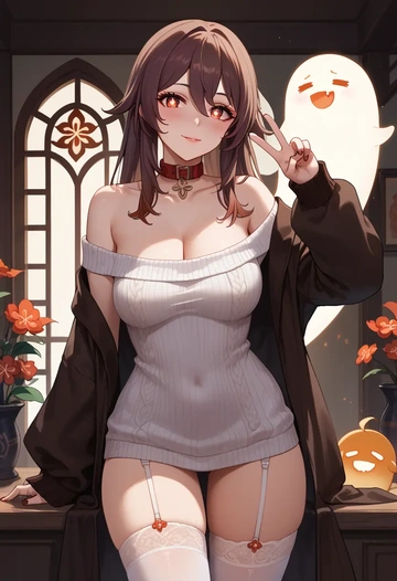 genshin_impact,boo_tao_(genshin_impact),blushing,collar,off-shoulder,sweater,stockings  - AI generated anime art