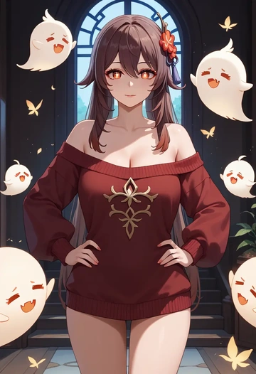 genshin_impact,boo_tao_(genshin_impact),Hands on hips,off-shoulder,sweater  - AI generated anime art