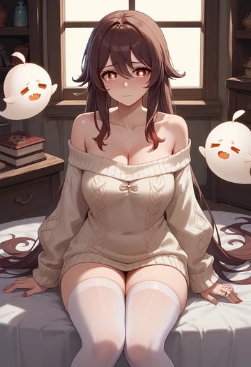 genshin_impact,boo_tao_(genshin_impact),off-shoulder,sweater  - AI generated anime art