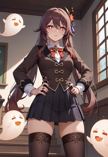 genshin_impact,boo_tao_(genshin_impact),jk uniform, stockings  - AI generated anime art