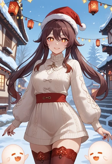 genshin_impact,boo_tao_(genshin_impact),Christmas,sweater dress,stockings  - AI generated anime art