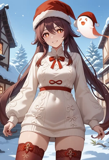 genshin_impact,boo_tao_(genshin_impact),Christmas,sweater dress,stockings  - AI generated anime art