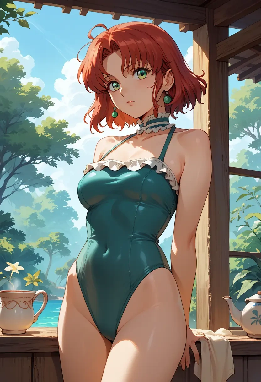 fate_(series),boudica_(fate),retro style swimsuit,frilled neckline,bow detail  - 