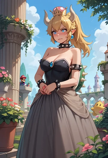 mario_(series),bowsette,haunted doll dress,lace gloves,ribbon choker  - AI generated anime art