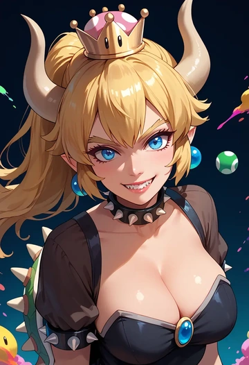 mario_(series),bowsette,paint-splatter blouse,dolphin shorts  - AI generated anime art