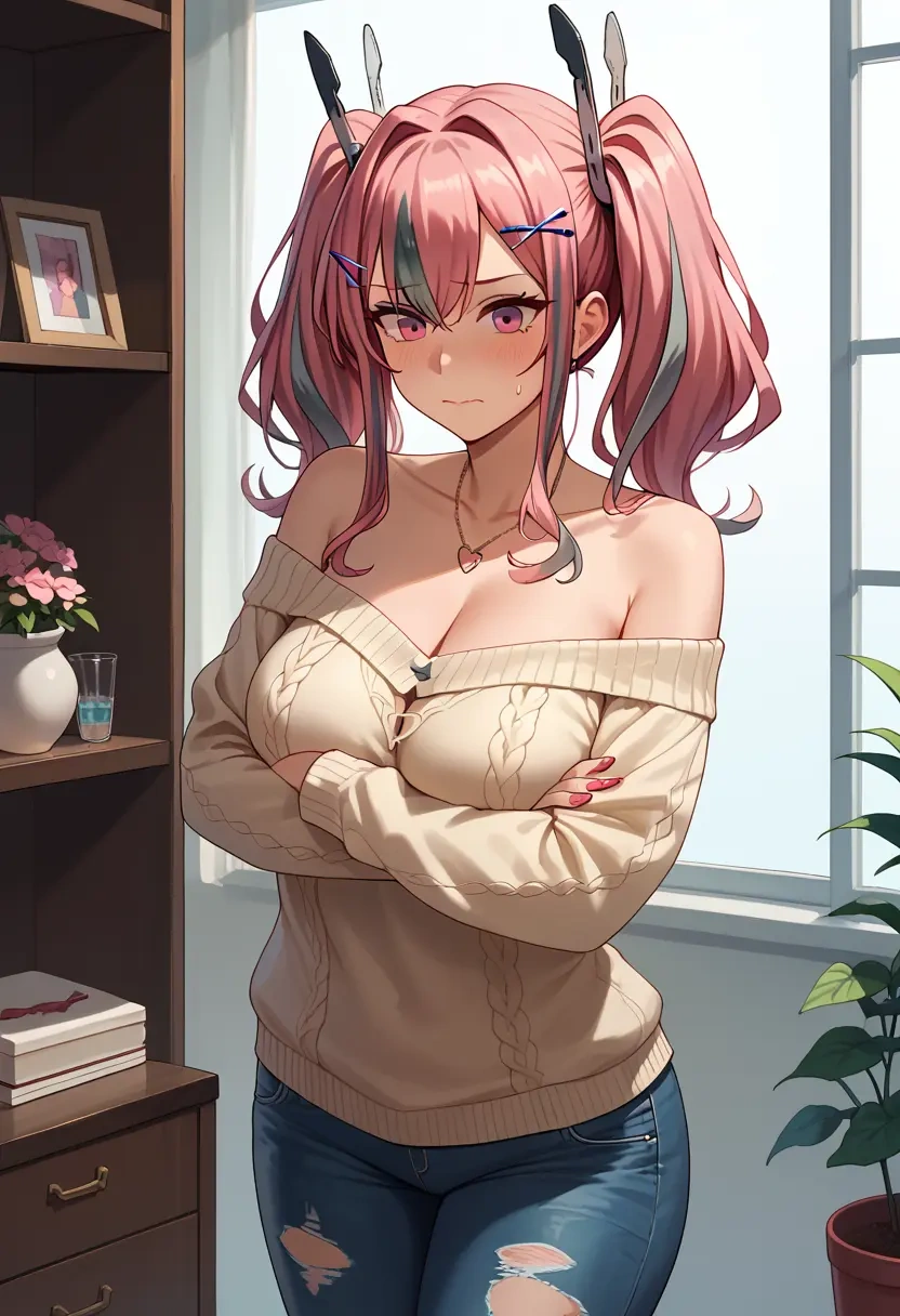 azur_lane,bremerton_(azur_lane),sweater,off-shoulder,ripped jeans  - 