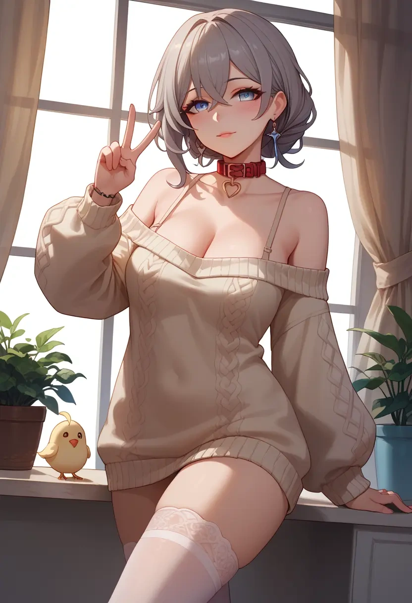 honkai_(series),bronya_zaychik,blushing,collar,off-shoulder,sweater,stockings  - 