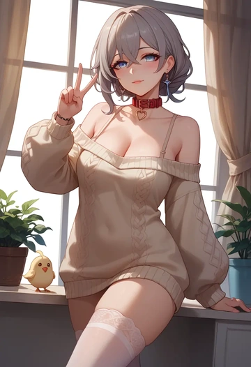 honkai_(series),bronya_zaychik,blushing,collar,off-shoulder,sweater,stockings  - AI generated anime art