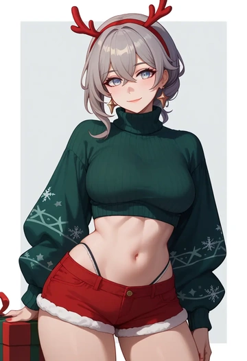 honkai_(series),bronya_zaychik,Christmas,red velvet shorts,turtleneck sweater  - AI generated anime art