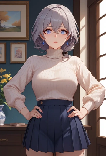 honkai_(series),bronya_zaychik,skirt,pleated,turtleneck sweater  - AI generated anime art