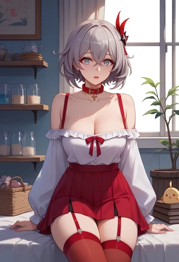 honkai_(series),bronya_zaychik,collar,oversized,Thigh garters  - AI generated anime art