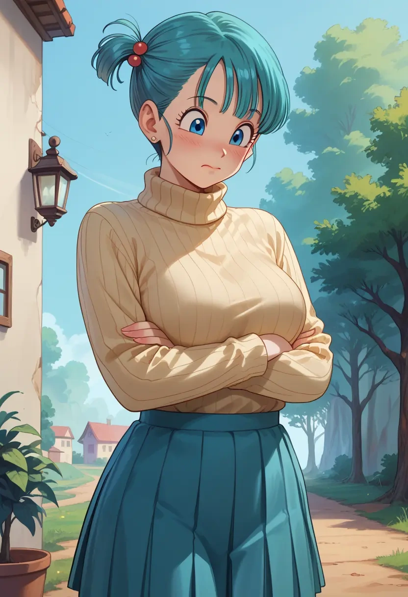 dragon_ball,bulma,skirt,pleated,turtleneck sweater  - 