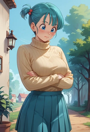 dragon_ball,bulma,skirt,pleated,turtleneck sweater  - AI generated anime art