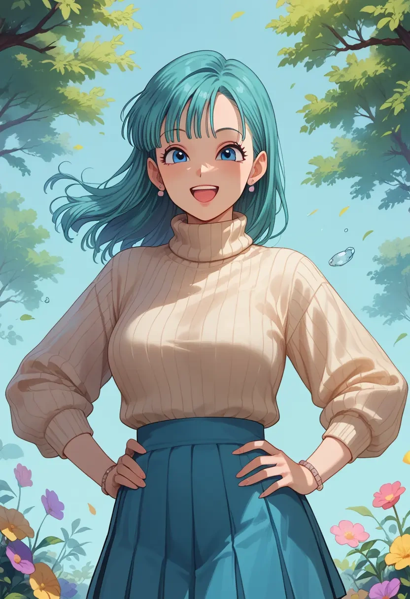 dragon_ball,bulma,skirt,pleated,turtleneck sweater  - 