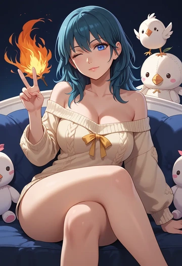 fire_emblem,byleth_(female)_(fire_emblem),off-shoulder,sweater  - AI generated anime art